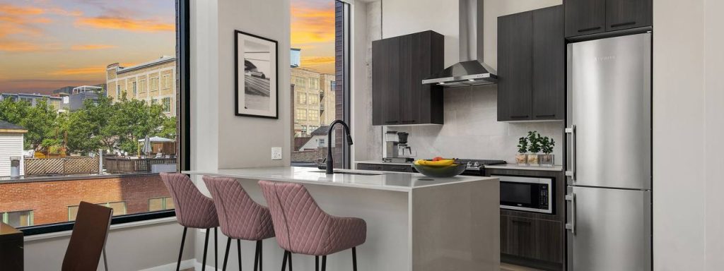 A kitchen space inside Union West Apartments in Chicago's West Loop