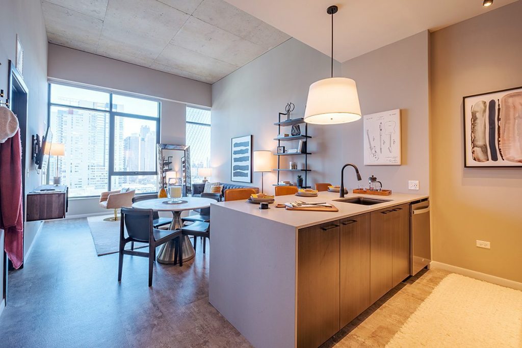 Open concept living space inside Union West apartments in Chicago's West Loop