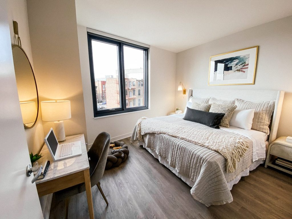 A work from home desk space in an apartment bedroom in downtown Chicago