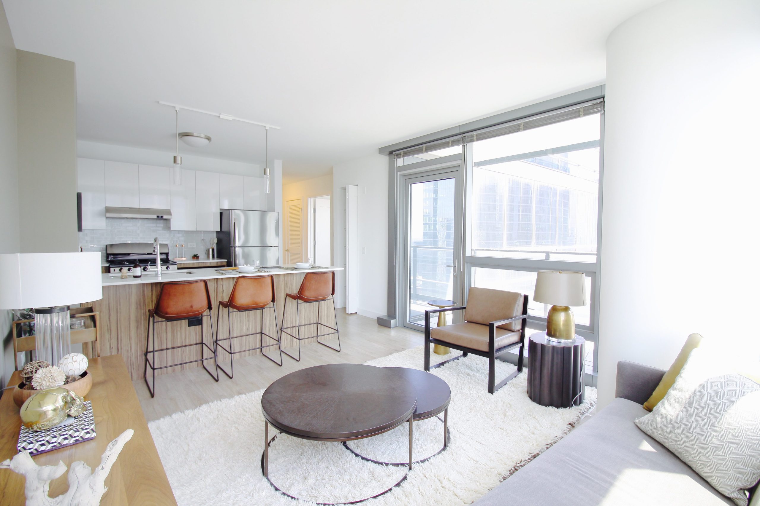 A view of open concept living in Wolf Point West in Chicago