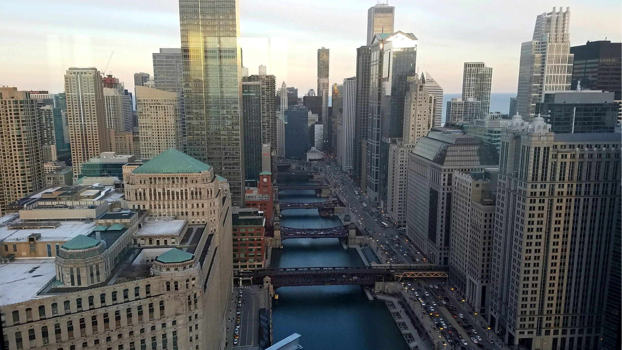 A gorgeous downtown Chicago river view from luxury apartment building Wolf Point West