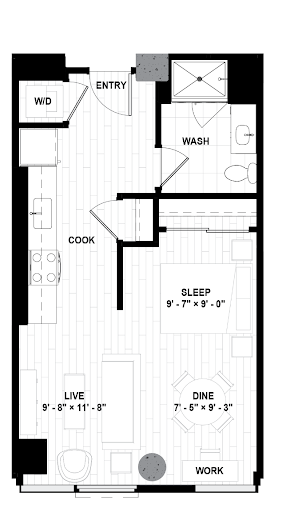Floor plan of a studio apartment at Fulbrix apartments.
