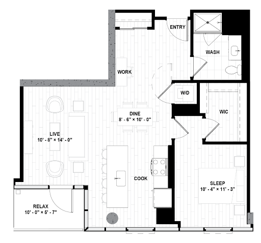 One bedroom floor plan at Fulbrix apartments.