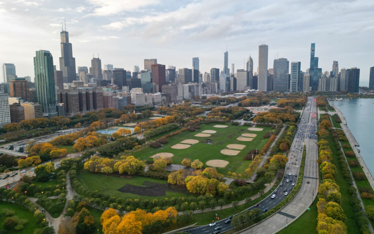 Overhead view of Grant Park, Lake Shore Drive and the Chicago skyline