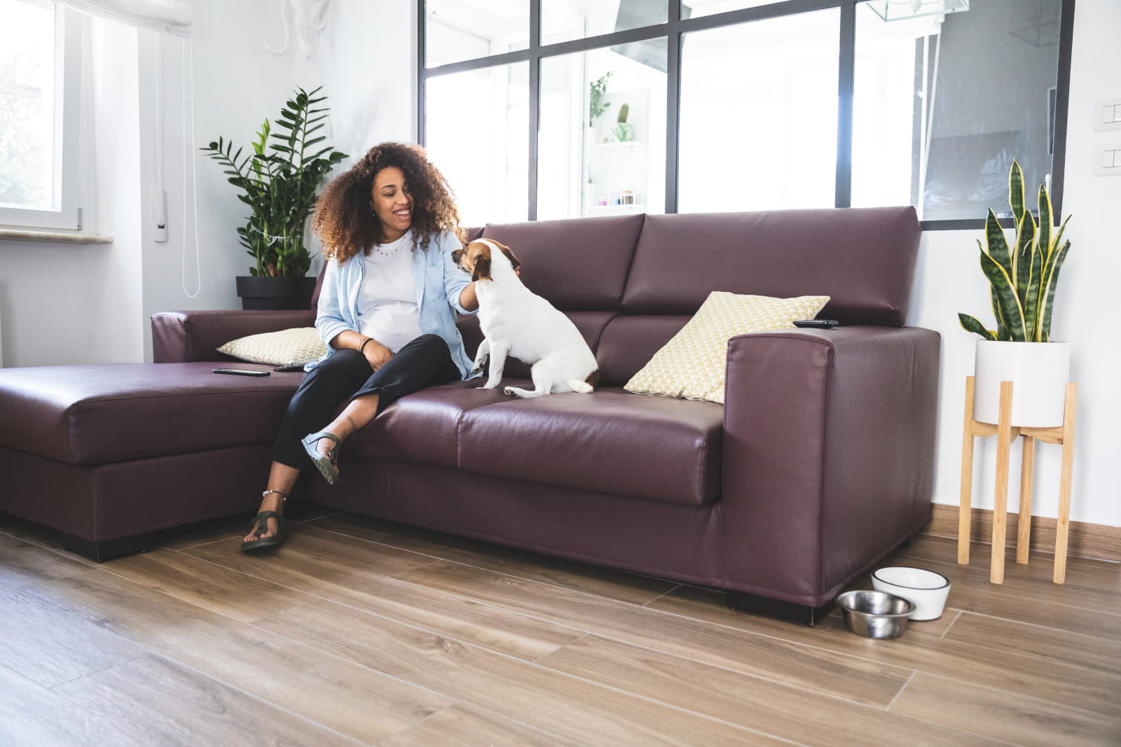 Woman with dog on couch - pet friendly apartments Chicago