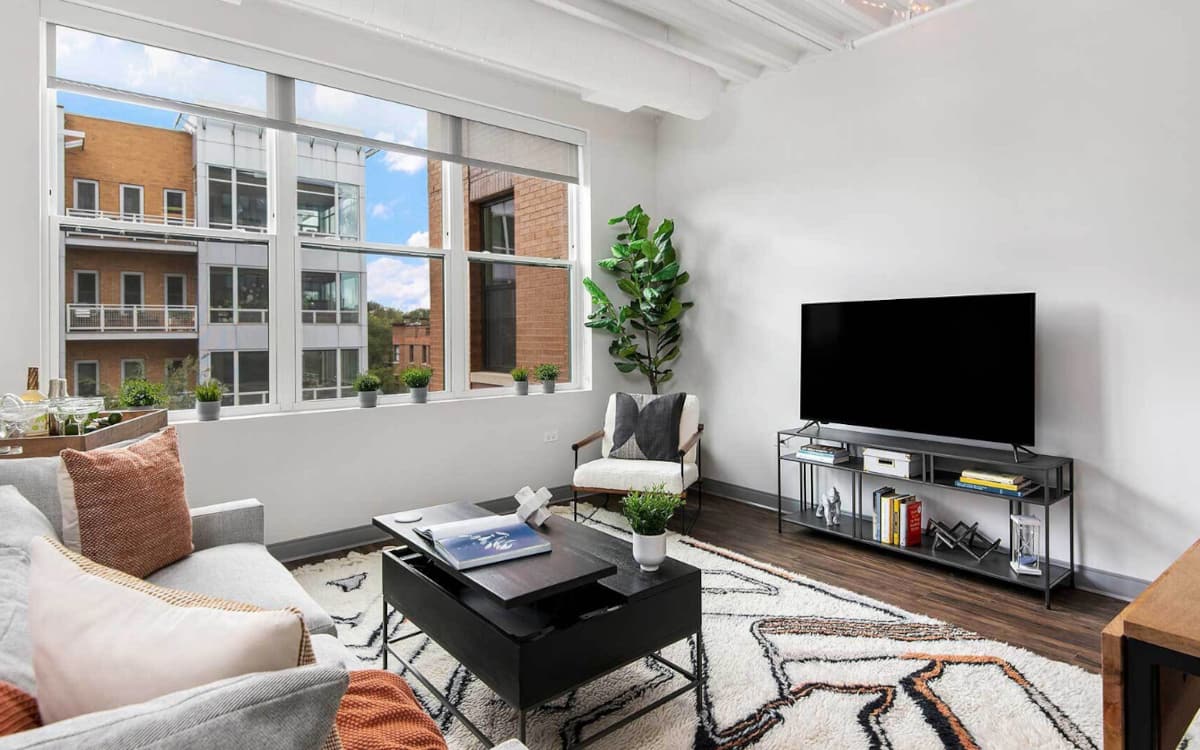 Living room of a 1 bedroom at Chicago's Wrigleyville Lofts Apartments