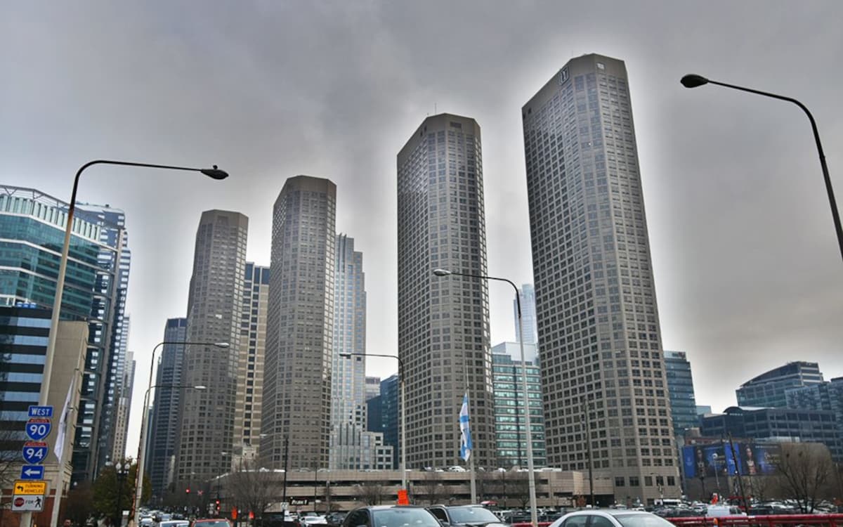 Exterior view of the four towers that make up Presidential Towers Apartments in downtown Chicago